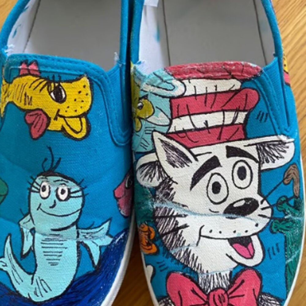 Hand Painted Dr Seuss slip on canvas sneakers - fun shoes size 6